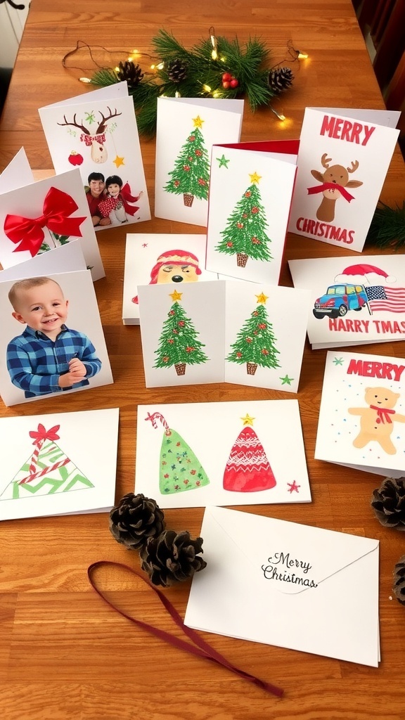 A collection of creative Christmas cards with different designs on a rustic wooden table.